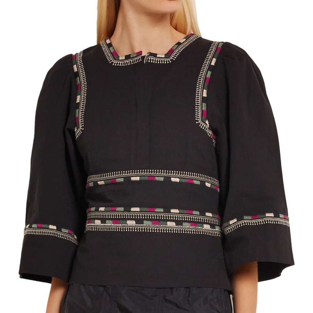 ISABEL MARANT $945 "Siloe" Runway Embroidered Cotton Top Blouse 40 US 6 8 Black